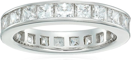 Amazon Essentials Platinum-Plated Sterling Silver Infinite Elements Cubic Zirconia Channel Princess-Cut All-Around Band Ring