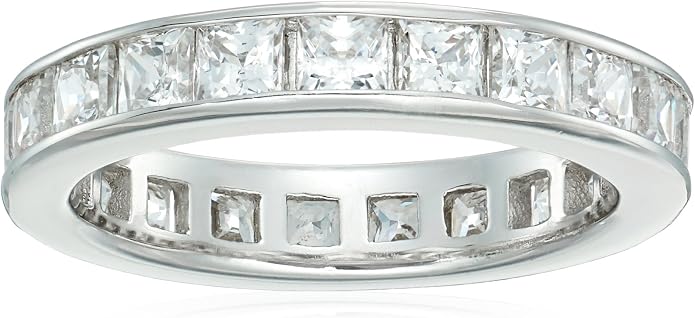 Amazon Essentials Platinum-Plated Sterling Silver Infinite Elements Cubic Zirconia Channel Princess-Cut All-Around Band Ring