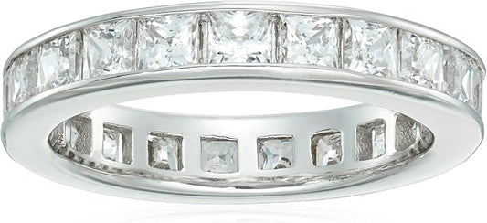 Amazon Essentials Platinum-Plated Sterling Silver Infinite Elements Cubic Zirconia Channel Princess-Cut All-Around Band Ring