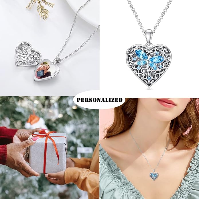 Dorunmo Personalized Locket Necklace 925 Sterling Silver that Holds Pictures Butterfly Birthstone Photo Heart Locket Custom Jewelry Congratulations New Beginnings New Job Gifts for Women