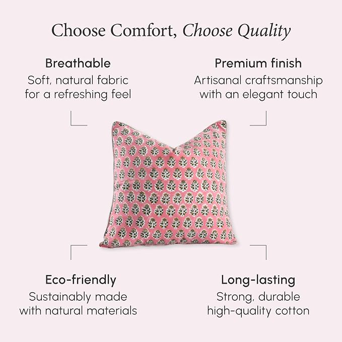CPC 100% Cotton Throw Pillow Covers 18x18 Inch, Set of 2 Green Block Print Pattern Couch Pillow, Cute Boho Decorative Pillows for Living Room, Bedroom with Hidden Zipper- Poppy Pink