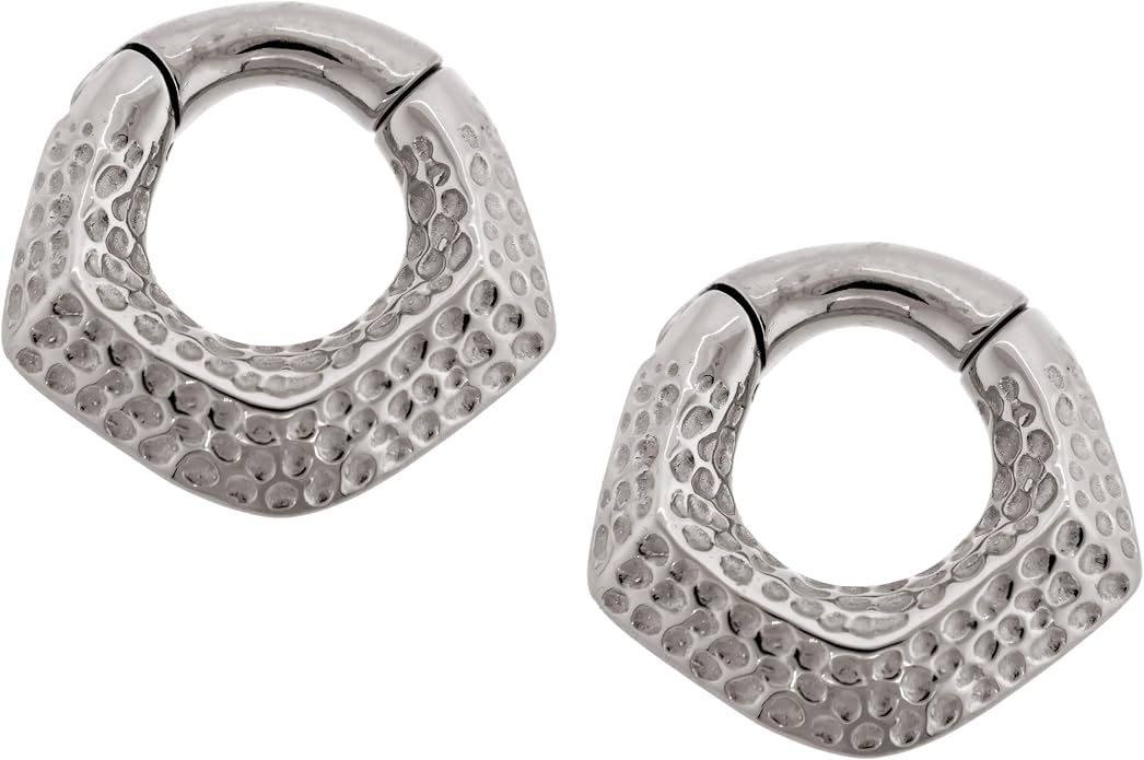 6GA 316L Stainless Steel Hammered V-Shaped Hinged Clicker Rings for Stretched Piercings, Sold as a Pair