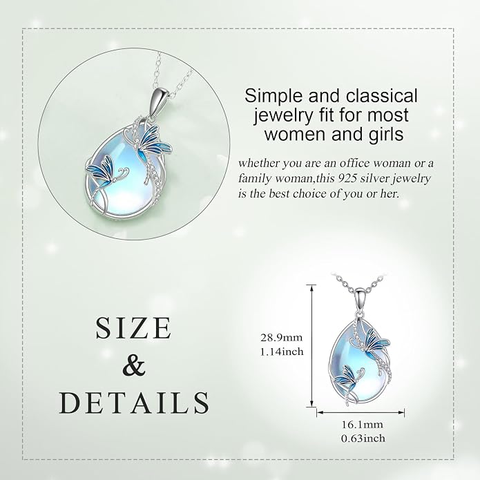 KQF Dragonfly/Butterlfy/Cat/Jellyfish/Bunny/Axolotl/Bee/Mermaid/Hummingbird/Elephant Necklace for Women Sterling Silver Moonstone Pendant Necklace Dragonfly Jewelry Gifts for Women