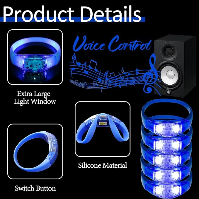24 Pcs LED Glow Bracelets Sound Activated Led Flashing Bracelet Music Control Light Up Bracelets,Glow in The Dark Party Supplies For Birthday Carnival Concerts Night Events Christmas Gift (blue)