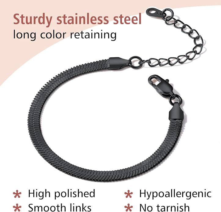 FindChic Elegant Herringbone Snake Chain Anklets/Bracelets 3MM/5MM Width Stainless Steel/18K Gold/Rose Gold Plated/Black 4 Color Options, 8.3'' 8.5'' 10.5'' Length, with Gift Box