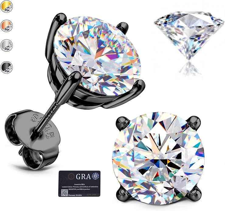Moissanite Stud Earrings : 18K White Gold Plated Solid 925 Sterling Silver Earring Hypoallergenic Dainty Flat Back Stud Earrings Jewelry for Women Men D Color VVS1 Clarity