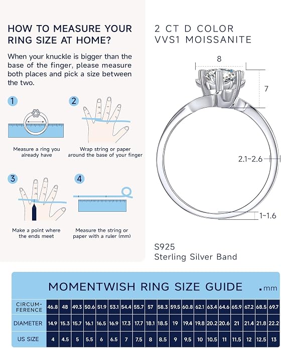MomentWish Engagement Ring for Women, 1-2 Carats Moissanite Rromise Ring, D Color VVS1 Moissanite Wedding Ring 925 Sterling Silver Solitaire Rings