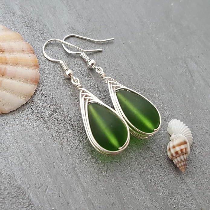 Handmade Sea Glass Earrings, Hawaiian Jewelry, Wire Braided Earrings Teardrop Earrings, Beach Jewelry Sea Glass Jewelry For Women Birthday Gift