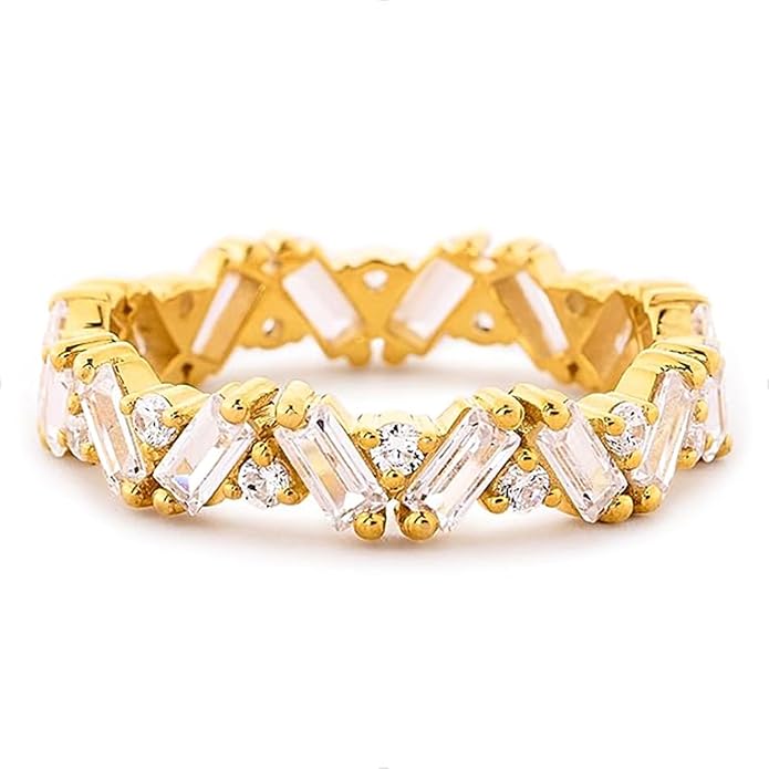 Cubic Zirconia Ring for Women, Emerald Cut Cubic Zirconia Eternity Ring, Fashion Wedding Band Style, Continuous Diamond Design