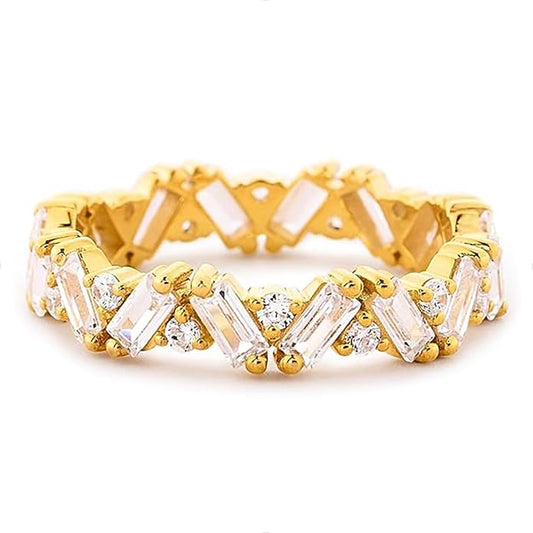 Cubic Zirconia Ring for Women, Emerald Cut Cubic Zirconia Eternity Ring, Fashion Wedding Band Style, Continuous Diamond Design