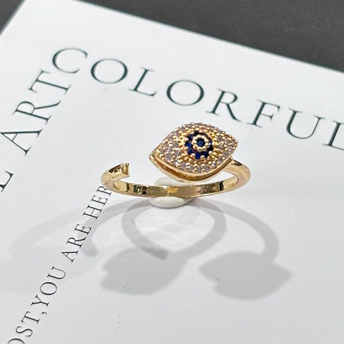 14K Gold Plated Evil Eye Rings for Women Open Adjustable Fidget Rings Anti Anxiety Spinner Evil Eye Ring