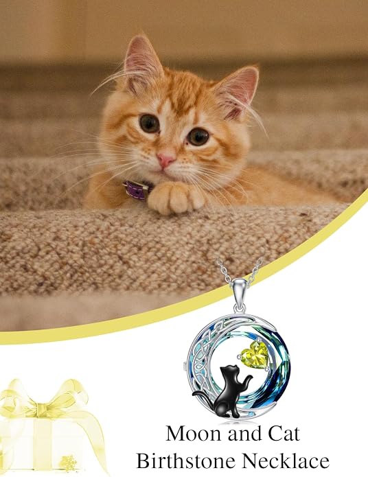 TOUPOP Cat Gifts for Cats Lovers 925 Sterling Silver Black Cat Necklace Celtic Moon Birthstone Jewelry for Women Anniversary Birthday Gift for Her Wife Mom