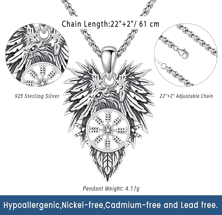 Eusense Viking Necklace for Men Women 925 Sterling Silver Pendant Thors Hammer/Norse Runes/Odin's Ravens/Wolf/Dragon/Snake/Yggdrasil/Freya/Helm of Awe/Valknut/Triskelion/Axe/Shield Viking Jewelry