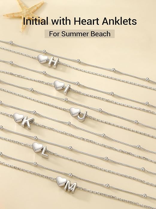 PROSILVER Ankle Bracelets for Women S925 Sterling Silver Anklets for Women Waterproof, Dainty Layered Heart Anklet, Beach Initial Anklet for Summer, Letter A-Z