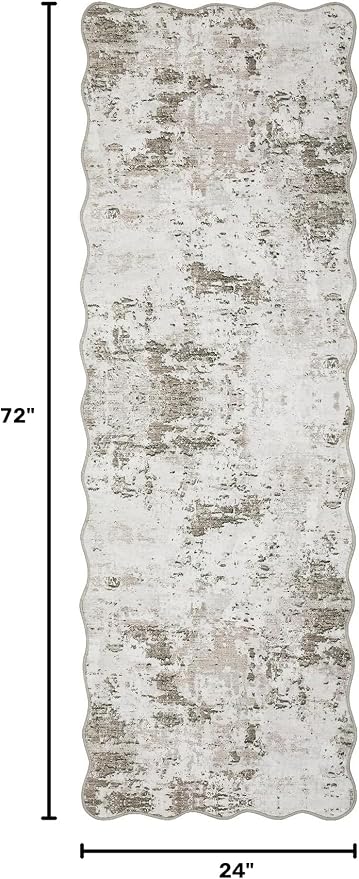ROYHOME 2x6 Modern Abstract Scalloped Runner Rug Non Slip Soft Stain Resistant Low Pile Machine Washable Non Shed Rug for Hallway Kitchen Bathroom, Taupe