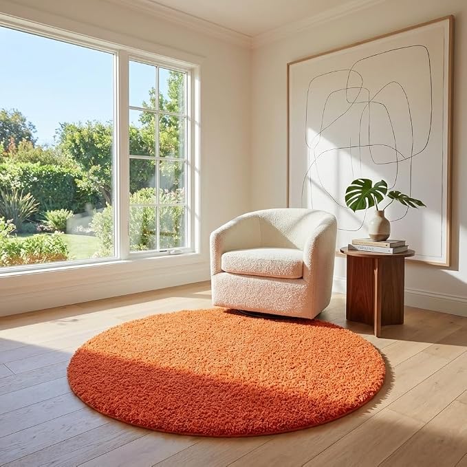Unique Loom Solid Shag Collection Area Rug (3' 1" Round, Tiger Orange)