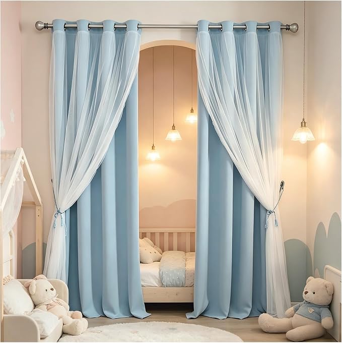Light Blue Blackout Curtains 84 inch Length - Double Layers Blue Romantic Curtains with Sheer Overlay, Window Curtains & Drapes for Kids/Girls/Boys Bedroom Living Room Nursery, 2 PCs