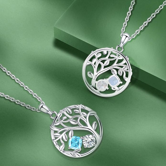 Tree of Life Birthstone Necklace for Women 925 Sterling Silver Birthstone Pendant 12 Months Necklaces with Zircon Birthday Gifts for Women, Mom, Grandma Cable Chain 18"+2"
