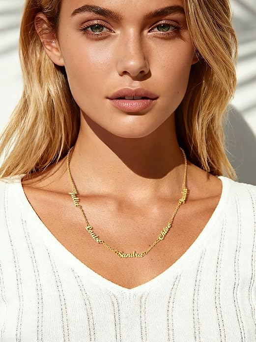 Custom4U Custom Name Necklace for Women, Personalized 1-5 Name Necklace, Sterling Silver/Stainless Steel 14K Gold Plated Nameplate Necklaces, Gift for Mom Wife Anniversary Birthday with Box