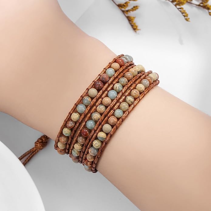 Plumiss Women Boho Handmade Natural Stone Crystal Leather Bead Wrap Bracelets Collection