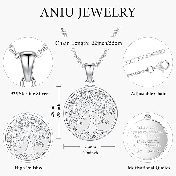 Aniu Tree of Life Necklace for Women, 925 Sterling Silver Mother of Pearl Family Palm Tree Charm Pendant Jewelry for Birthday Christmas Gift