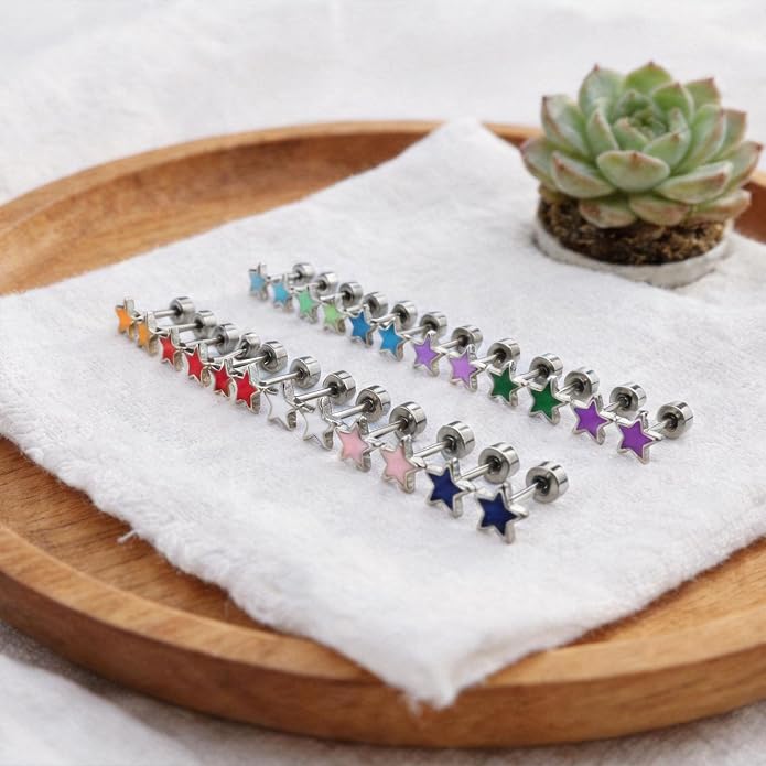 JMLOON 12 Pairs Enamel Flat Back Stud Earrings Surgical Stainless Steel Round Heart Star Square Hexagon Screw Back Stud Earrings