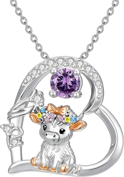 Highland Cow Gifts for Women 925 Sterling Silver Highland Cow Birthstone Necklace Fluffy Cow Jewelry Gifts Birthday Christmas