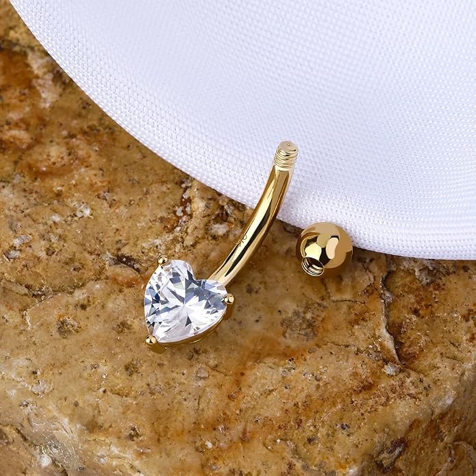 OUFER Belly Navel Rings - 14K Solid White Gold Heart Solitaire Cubic Zirconia Belly Button Rings