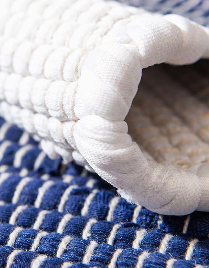 Unique Loom Chindi Rag Collection Area Rug - Striped (7' 10" Square, Navy Blue/ Ivory)