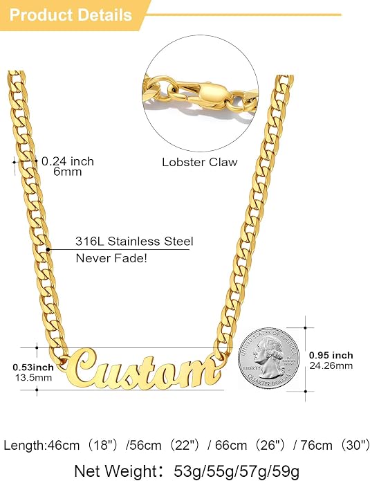 U7 Custom Name Necklaces for Women,Gold Plated/Steel/Black Nameplated Pendant Mothers Day Gift for Her Mother Family,Extendable Cuban/Rolo Chain,Gift Box Included