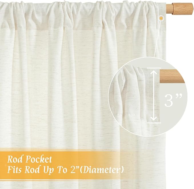 LAMIT Cream Sheer Linen Curtains for Bedroom, 45 Inches Long Faux Linen Textured Light Filtering Panels Rod Pocket Neutral Drapes for Kitchen/Window/Living Room, 2 Panels Set, 42 x 45 Inch