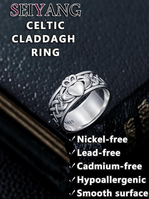 Seiyang Claddagh Ring 925 Sterling Silver Celtic Ring Jewelry Irish Band Gift for Men Women (with Gift Box)
