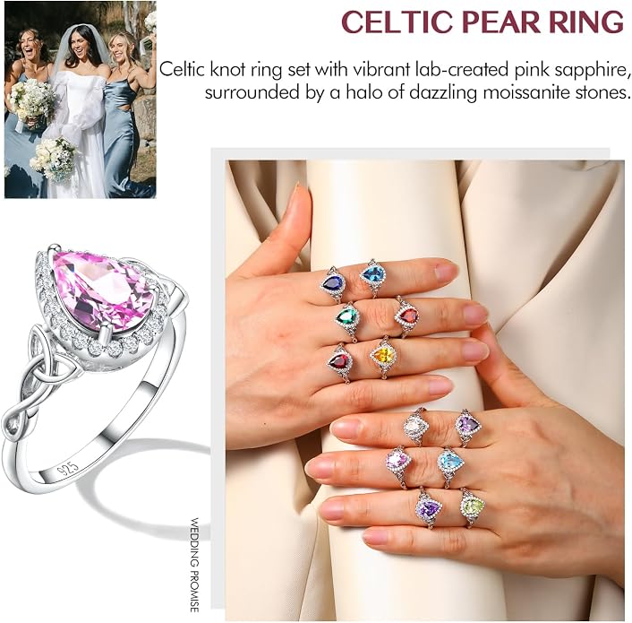 DAYBYDAY Celtic Birthstone Rings for Women 925 Sterling Silver Heart/Round/Pear/Oval Created Gemstone Moissanite Halo Engagement Promise Rings for Her Wife Birthday Anniversary Wedding Jewelry