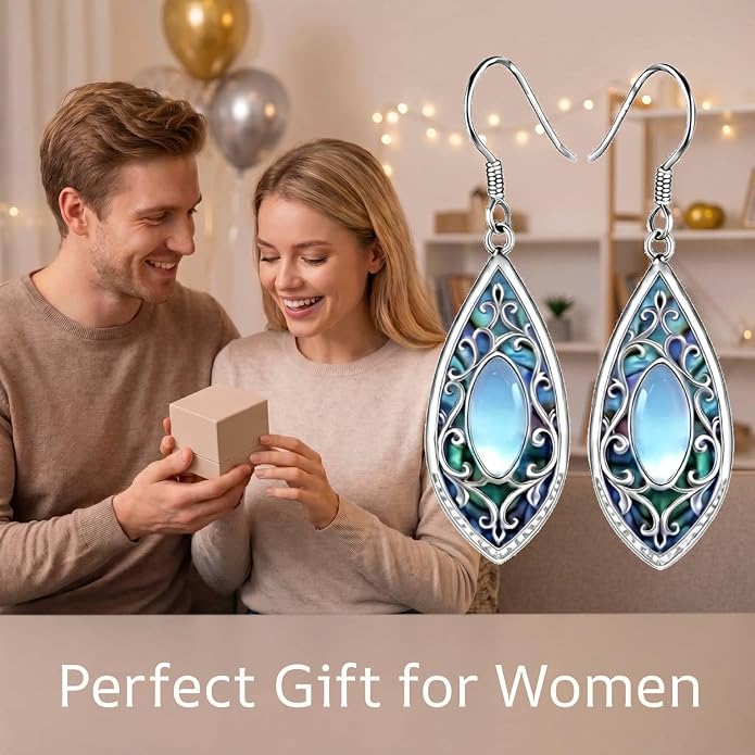 Filigree Earrings Boho Teardrop Dangle Earrings with Moonstone Blue Enamel Drop Earrings Vintage Jewelry Gift for Women