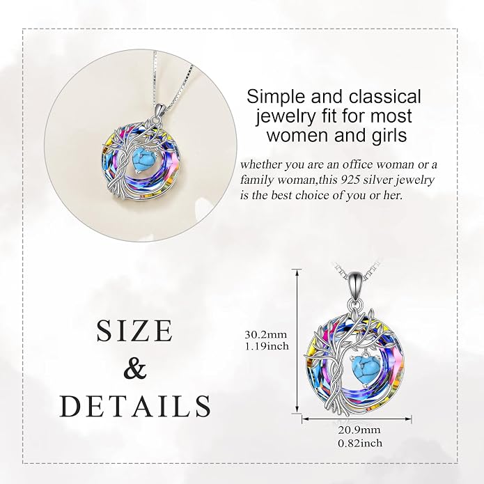 POPLYKE Mothers Day Gifts for Mom Her Wife Tree of Life Necklace 925 Sterling Silver Birthstone Pendant with Crystal Anniversary Birthday Wedding Jewelry for Women