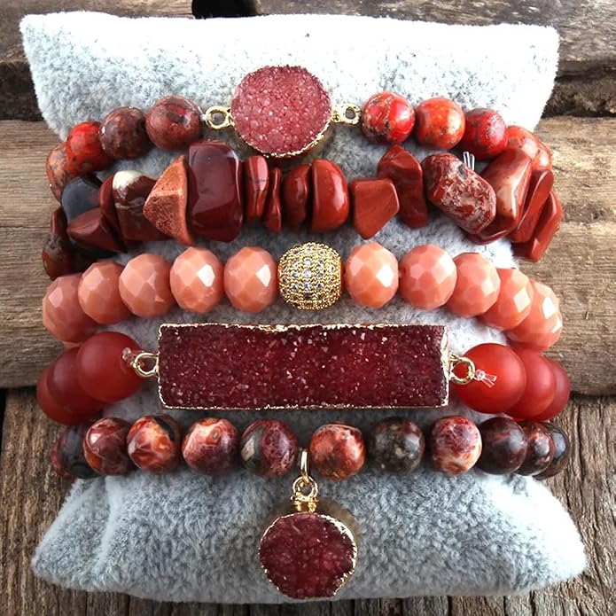 Yomisa 5PCS 6PCS Natural Boho Beaded Bracelets/Bangle for Women Men,Healing Turquoise Jasper Agate Crystal Gemstone Stone Chakra Multilayer Wrap Bohemian Handmade Jewelry Beads Stretch Bracelet Set