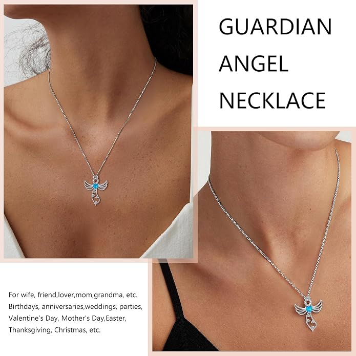 925 Sterling Silver Guardian Angel Pendant Necklace for Women - Birthstone Cubic Zirconia, 18" Chain, Gift for Her
