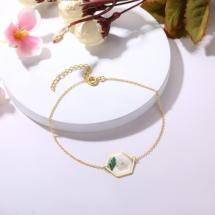 AUNTESIGN Forget-Me-Not Pressed Wildflower Bracelet | Pressed Flower Bracelet | Gold/Silver Pressed Flower Jewelry | Personalized Handmade Jewelry | Gift For Women