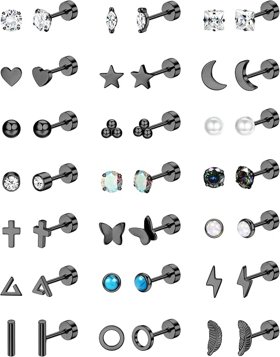 Jstyle 21 Pairs Hypoallergenic Flat Back Stud Earrings for Women Men Surgical Stainless Steel Earrings for Sensitive Ears Cartilage Earring Small Studs Earrings Set Stacks Screw Back Earrings Piercing
