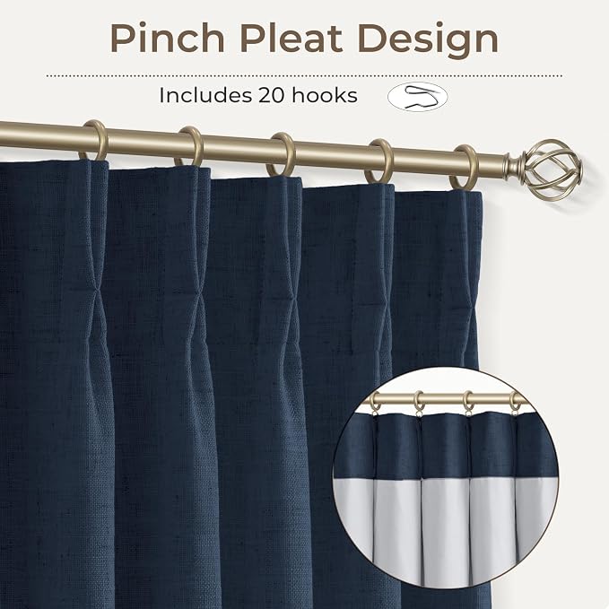 CAPALOCA Navy Blue Linen Pinch Pleated Curtains Blackout, 100% Black Out Curtains 90 inch Long for Bedroom, Blackout Thermal Insulated Pinch Pleated Drapes for Living Room, 40" W x 90" L, 2 Panels
