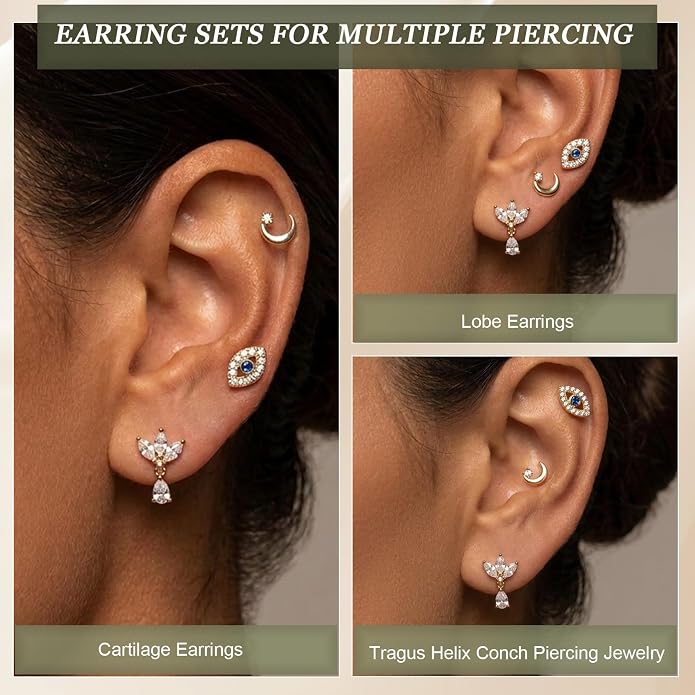 3 Pairs 20G Flat Back Earrings, G23 Titanium Hypoallergenic CZ Studs, 14K Gold Cartilage Helix Tragus Conch Piercing Jewelry for Women