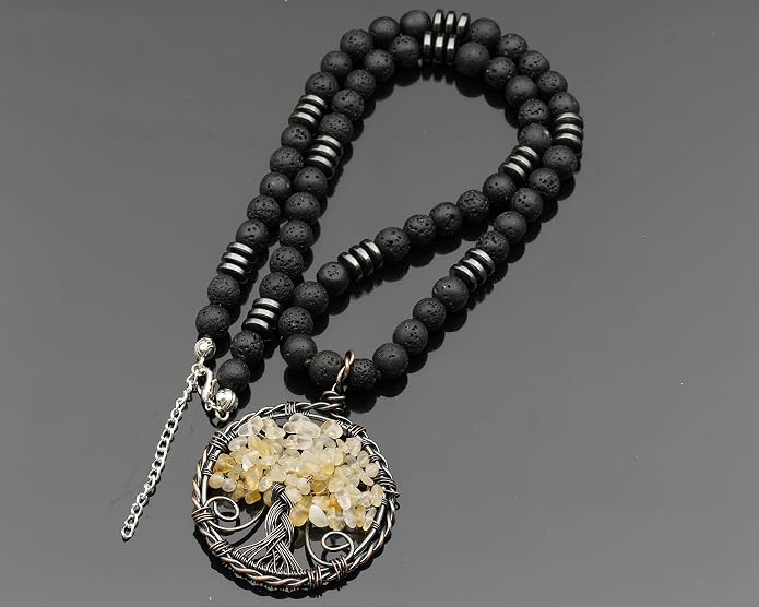 ElisaJewelryArt - Natural Labradorite Big Tree Of Life Black Lava Stone Beaded Necklace Genuine Gemstone Energy Stone Clasp Closure Necklace Unisex Necklace