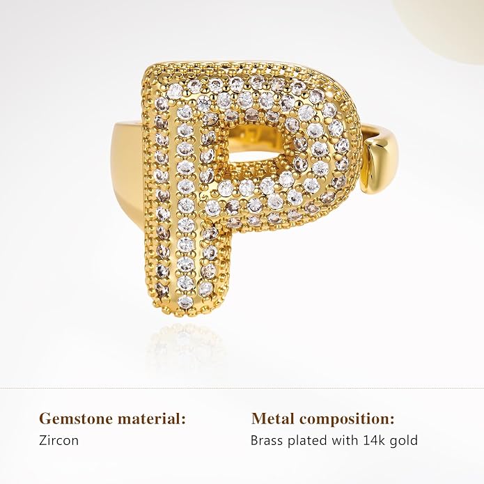 Cicy Bell Initial Rings for Women 14k Gold Plated Cubic Zirconia Delicate Letter Chunky Statement Open Rings Gifts for Her