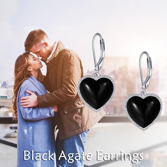 Mother of Pearl/Black Onyx/Abalone Shell Heart Leverback Dangle Earrings Sterling Silver Fashion Jewelry Gifts for Women