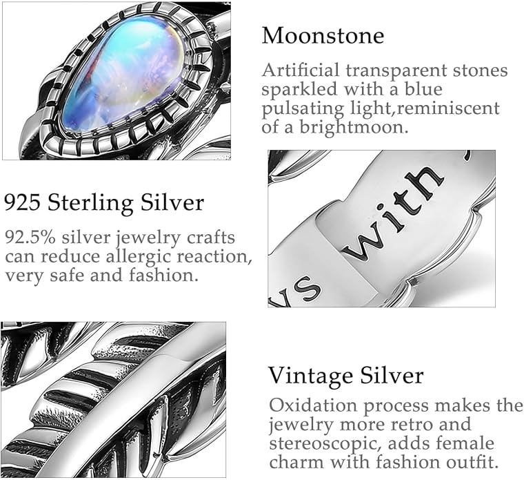 Vito 925 Sterling Silver Adjustable Open Spoon Ring for Women Men, Lotus Sunflower Snake Spoon Band Rings Feather Hug Witches Knot Inspirational Jewelry Gift for Wife