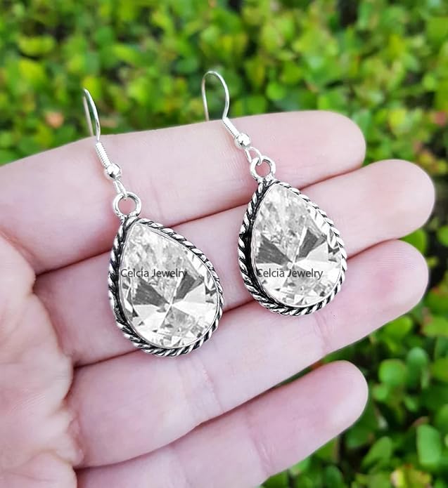 Pure 925 Sterling Silver Dangle Drop Earrings for Women, Pear Gemstone Handcrafted Earrings for Women & Girl ('Amethyst)