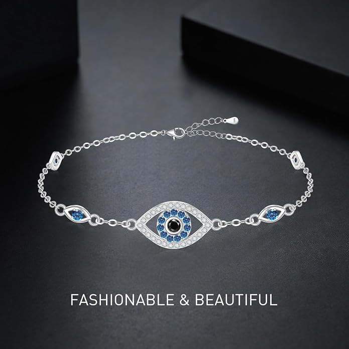 Blue Evil Eyes Link Bracelet, Evil Eye Earrings, S925 Sterling Silver Dainty Cubic Zirconia Adjustable Link Lobster Claw Clasp Chain Jewelry