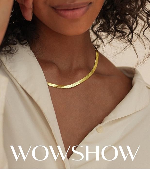 Wowshow 14K Gold Plated Italian Snake Chain Necklace Flat Herringbone Choker Dainty Necklace Bracelet Set for Women 16-18-20 Inch