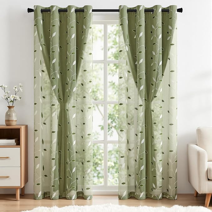 MIULEE Sage Green Double Layer Curtains 84 Inches Long, Leaf Patterned Sheer Floral Drapes and Blackout Room Darkening Window Curtains for Living Room Bedroom, Grommets Top, 52" W x 84" L, 2 Panels