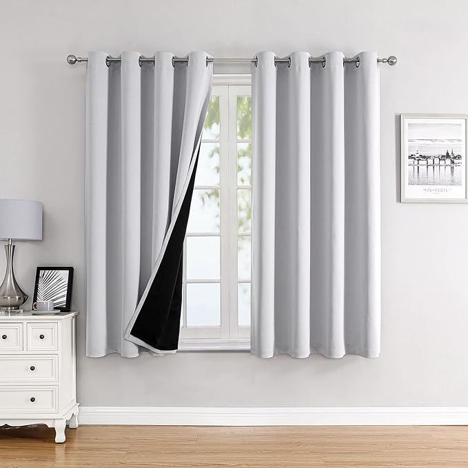 ChrisDowa 100% Blackout Curtains for Bedroom 2 Panels Set with Black Liner | 2 Thick Layers, Thermal Insulated, Light Blocking, Grommet, Window Treatment, Living Room Drapes, Greyish White, 52 x 45 Inch